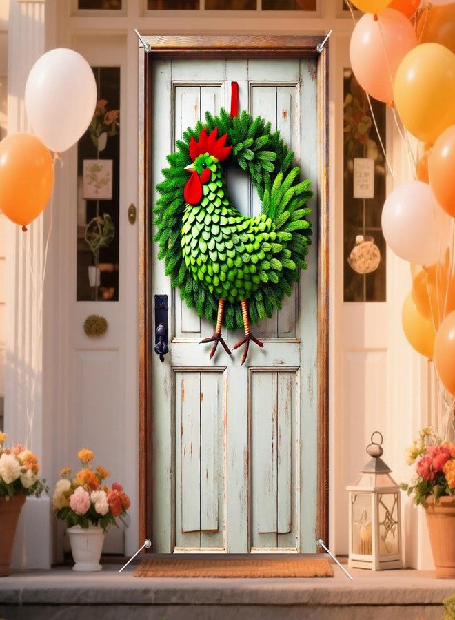 IVN Festive Rooster Door Cover 35x71 Inch Double Sided Unique Door Decoration with Green Pine, Rooster Shape & Red Accents for Indoor Outdoor Porch Holiday Home Decor - Image 4